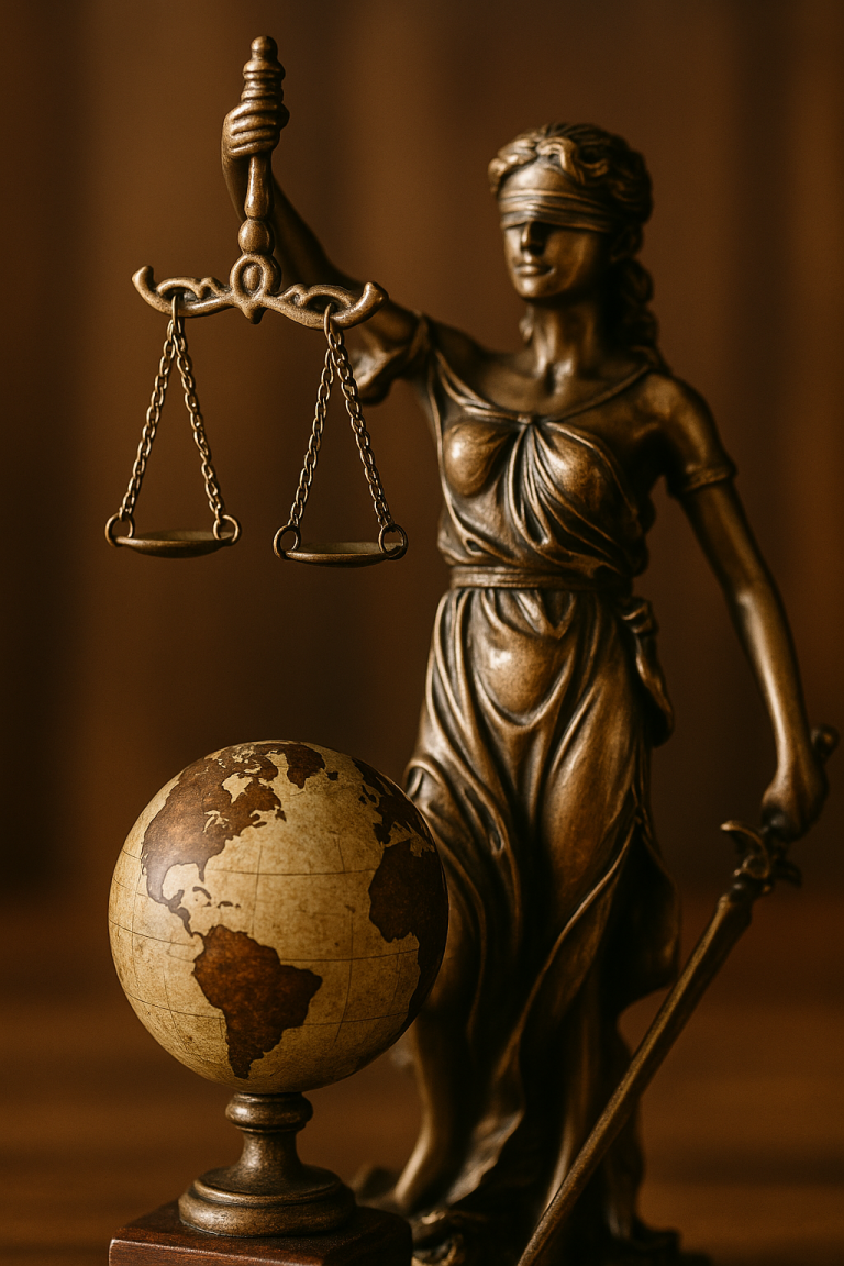 A statue of Lady Justice A statue of Lady Justice holding scales and a sword, watching over the globe.
