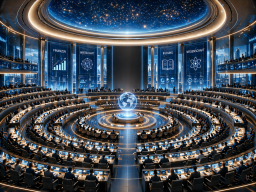 Small Evolutionary Parliament A futuristic conference room with a circular layout and digital presentation facilities.