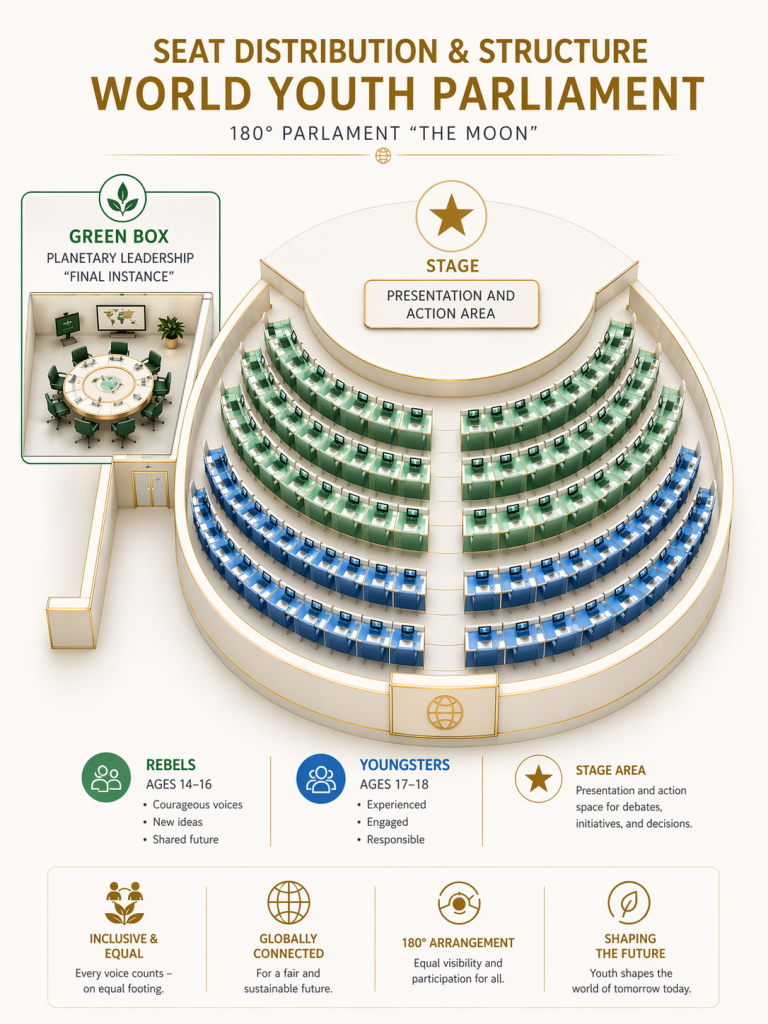World Youth Parliament Seating arrangement and layout of the World Youth Parliament in a hall.