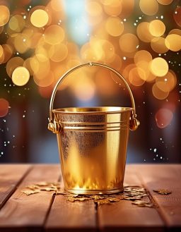 Golden Bucket A golden bucket stands on a wooden board, bathed in a soft glow.