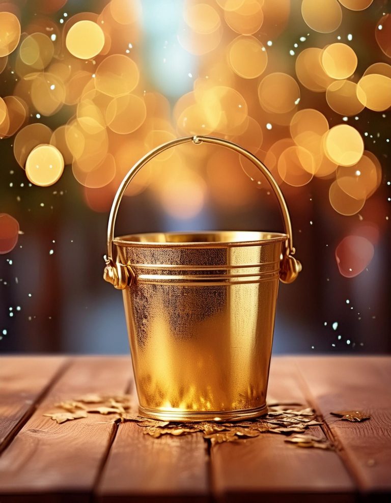 Golden Bucket A golden bucket stands on a wooden surface, surrounded by blurred lights.