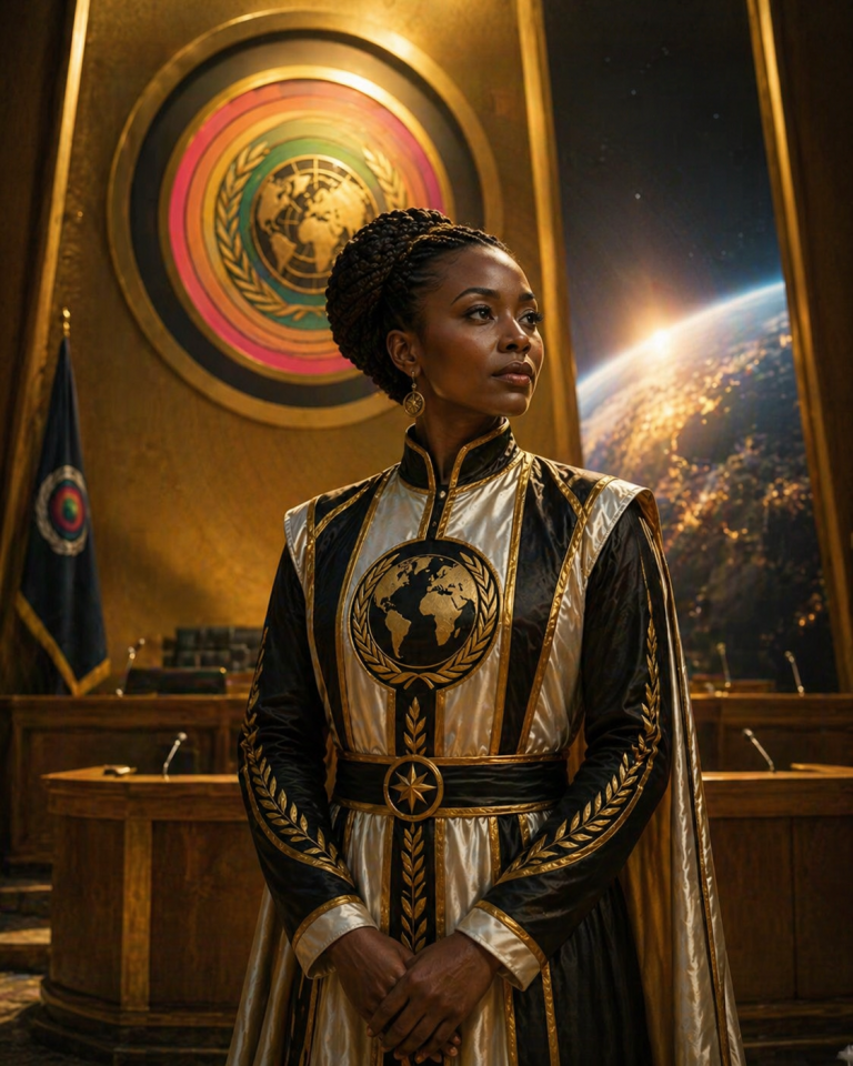 Planetary Leadership A woman in a magnificent suit bearing a coat of arms, standing in front of a golden emblem and a globe.