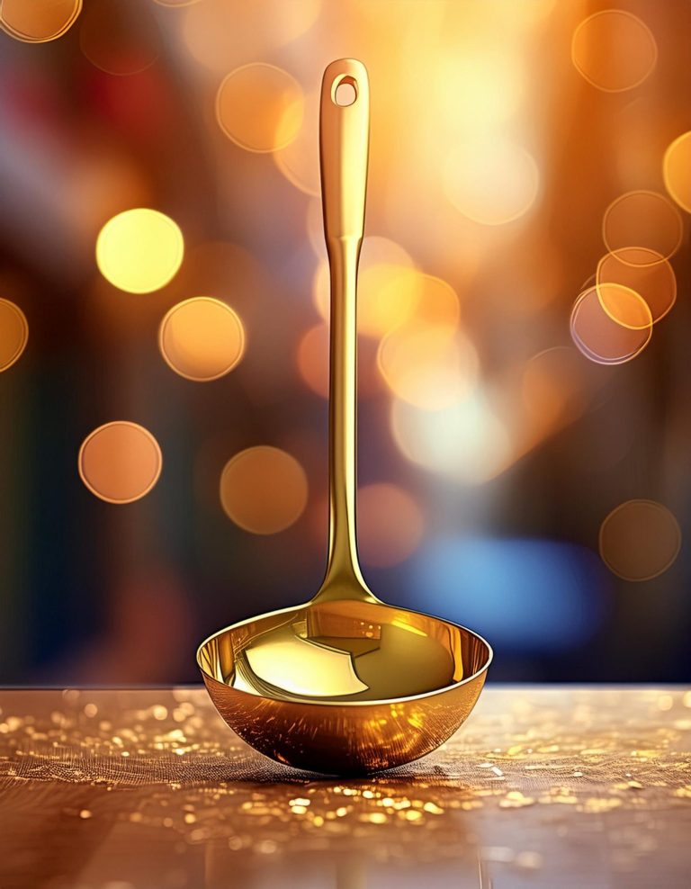 PL Vote - Golden Trowl A golden trowl on a wooden surface, with soft, sparkling lights in the background.